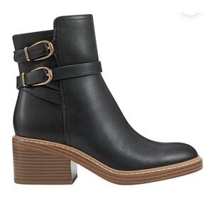 Marc Fisher Ankle Booties Size 5.5 Black Leather Block Heel Buckle Detail NEW